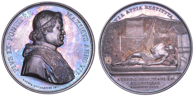 STATO PONTIFICIO. PIO IX (Giovanni Maria Mastai Ferretti), 1846-1878. Medaglia annuale in argento 1852/A. VII. Lavori di sistemazione apportati alla via Appia antica e i restauri dei suoi più importanti monumenti.  - Auction Numismatics - Cambi Casa d'Aste