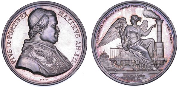 STATO PONTIFICIO. PIO IX (Giovanni Maria Mastai Ferretti), 1846-1878. Medaglia annuale in argento 1857/A. XII. Prima ferrovia Pontificia.