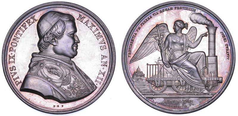 STATO PONTIFICIO. PIO IX (Giovanni Maria Mastai Ferretti), 1846-1878. Medaglia annuale in argento 1857/A. XII. Prima ferrovia Pontificia.  - Auction Numismatics - Cambi Casa d'Aste