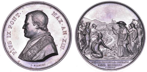 STATO PONTIFICIO. PIO IX (Giovanni Maria Mastai Ferretti), 1846-1878. Medaglia annuale in argento 1858/A. XIII. Viaggio nelle Province del 1857.