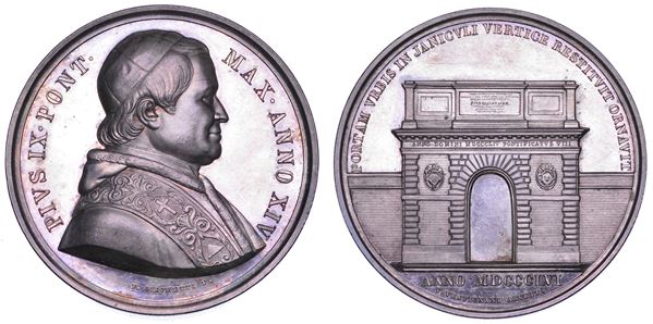 STATO PONTIFICIO. PIO IX (Giovanni Maria Mastai Ferretti), 1846-1878. Medaglia annuale in argento 1859/A. XIV. Nuova Porta San Pancrazio a Roma.