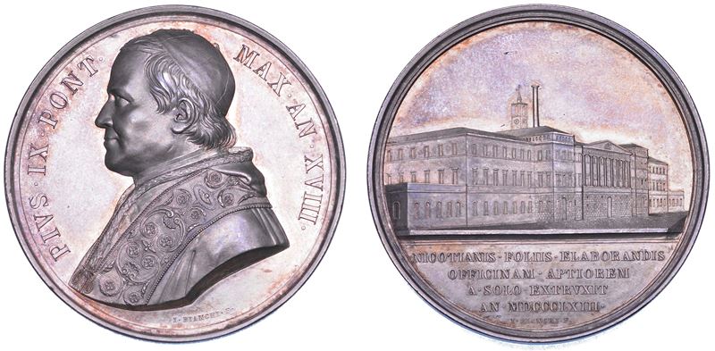 STATO PONTIFICIO. PIO IX (Giovanni Maria Mastai Ferretti), 1846-1878. Medaglia annuale in argento 1863/A. XVIII. Inaugurazione del nuovo edificio della manifattura dei tabacchi a Roma.  - Auction Numismatics - Cambi Casa d'Aste
