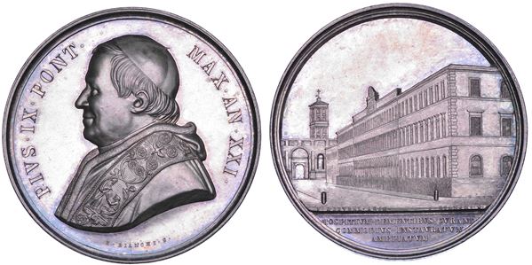 STATO PONTIFICIO. PIO IX (Giovanni Maria Mastai Ferretti), 1846-1878. Medaglia annuale in argento 1866/A. XXI. Il nuovo manicomio di Roma.