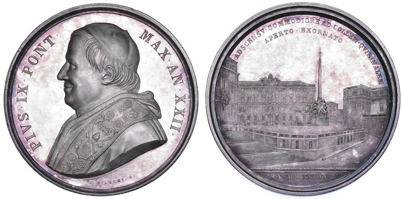 STATO PONTIFICIO. PIO IX (Giovanni Maria Mastai Ferretti), 1846-1878. Medaglia annuale in argento 1867/A. XXII. Nuova scalinata e sistemazione di Piazza del Quirinale.  - Auction Numismatics - Cambi Casa d'Aste