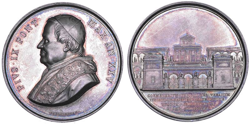 STATO PONTIFICIO. PIO IX (Giovanni Maria Mastai Ferretti), 1846-1878. Medaglia annuale in argento 1870 A. XXV. Il nuovo ingresso del Cimitero del Verano in Roma.  - Asta Numismatica - Cambi Casa d'Aste