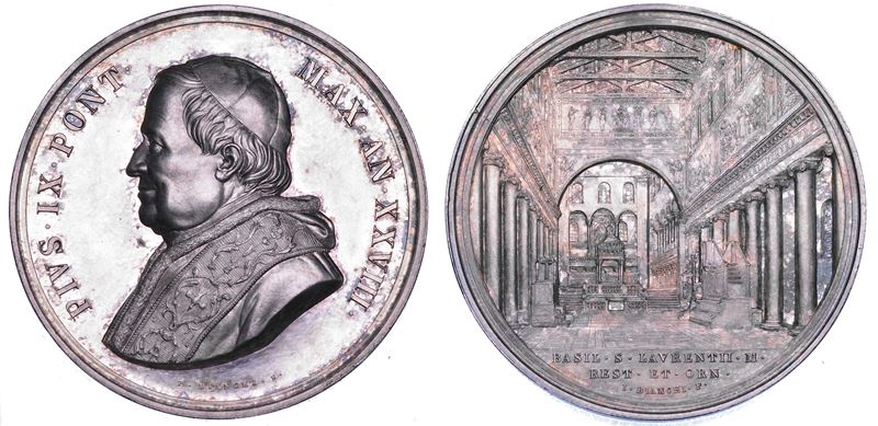 STATO PONTIFICIO. PIO IX (Giovanni Maria Mastai Ferretti), 1846-1878. Medaglia annuale in argento 1873/A. XXVIII. Restauro della basilica di S. Lorenzo fuori le Mura.  - Auction Numismatics - Cambi Casa d'Aste