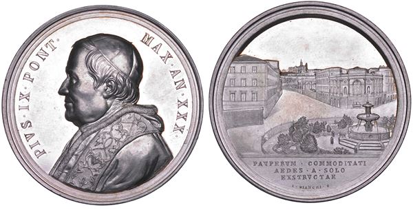 STATO PONTIFICIO. PIO IX (Giovanni Maria Mastai Ferretti), 1846-1878. Medaglia annuale in argento 1875/A. XXX. Costruzione del nuovo ospizio per i poveri.