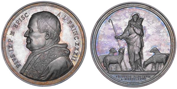 STATO PONTIFICIO. PIO IX (Giovanni Maria Mastai Ferretti), 1846-1878. Medaglia annuale in argento 1877/A. XXXII. Cinquantesimo anniversario di episcopato.