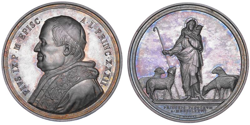 STATO PONTIFICIO. PIO IX (Giovanni Maria Mastai Ferretti), 1846-1878. Medaglia annuale in argento 1877/A. XXXII. Cinquantesimo anniversario di episcopato.  - Auction Numismatics - Cambi Casa d'Aste