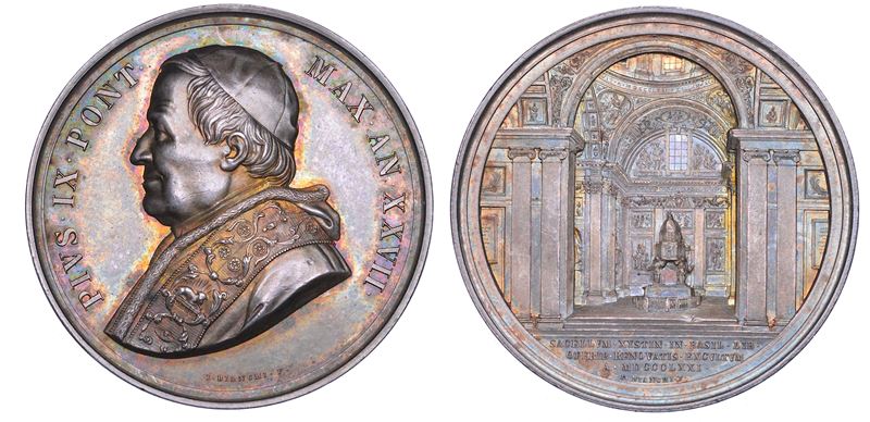 STATO PONTIFICIO. PIO IX (Giovanni Maria Mastai Ferretti), 1846-1878. Medaglia annuale in argento 1871/A. XXVII. Restauri alla Cappella Sistina in Santa Maria Maggiore.  - Auction Numismatics - Cambi Casa d'Aste