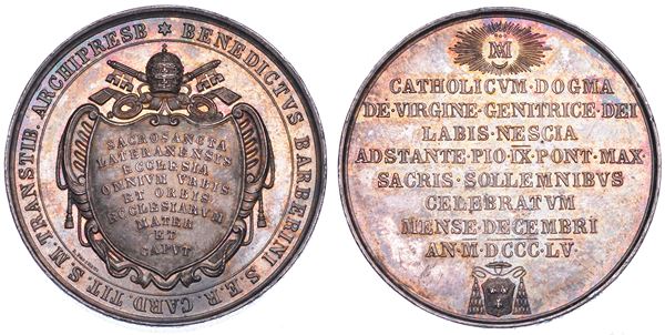 STATO PONTIFICIO. PIO IX (Giovanni Maria Mastai Ferretti), 1846-1878. Medaglia in argento 1855. A ricordo delle funzioni celebrate a San Giovanni in Laterano per il dogma dell'Immacolata concezione.