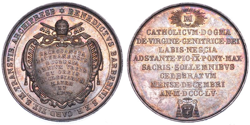 STATO PONTIFICIO. PIO IX (Giovanni Maria Mastai Ferretti), 1846-1878. Medaglia in argento 1855. A ricordo delle funzioni celebrate a San Giovanni in Laterano per il dogma dell'Immacolata concezione.  - Asta Numismatica - Cambi Casa d'Aste