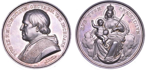 STATO PONTIFICIO. PIO IX (Giovanni Maria Mastai Ferretti), 1846-1878. Medaglia in argento 1869. Invocazione della Beata Vergine sul Concilio Ecumenico Vaticano.