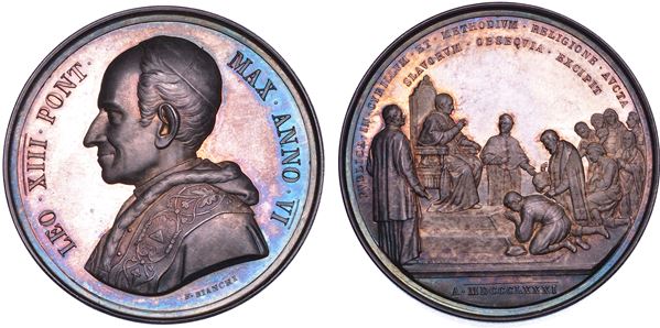 STATO PONTIFICIO. LEONE XIII (Vincenzo Gioacchino Luigi Pecci), 1878-1903. Medaglia annuale in argento 1883/A. VI. Omaggio al Pontefice dei pellegrini slavi.