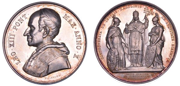 STATO PONTIFICIO. LEONE XIII (Vincenzo Gioacchino Luigi Pecci), 1878-1903. Medaglia annuale in argento  1887/A. X. Soluzione della controversia per le Isole Caroline.