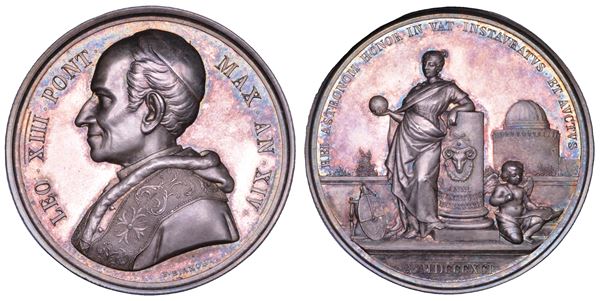 ROMA. LEONE XIII (Vincenzo Gioacchino Luigi Pecci), 1878-1903. Medaglia annuale in argento 1891/A. XIV. Lavori di restauro ed ammodernamento all'Osservatorio Astronomico Pontificio, futura Specola Vaticana.