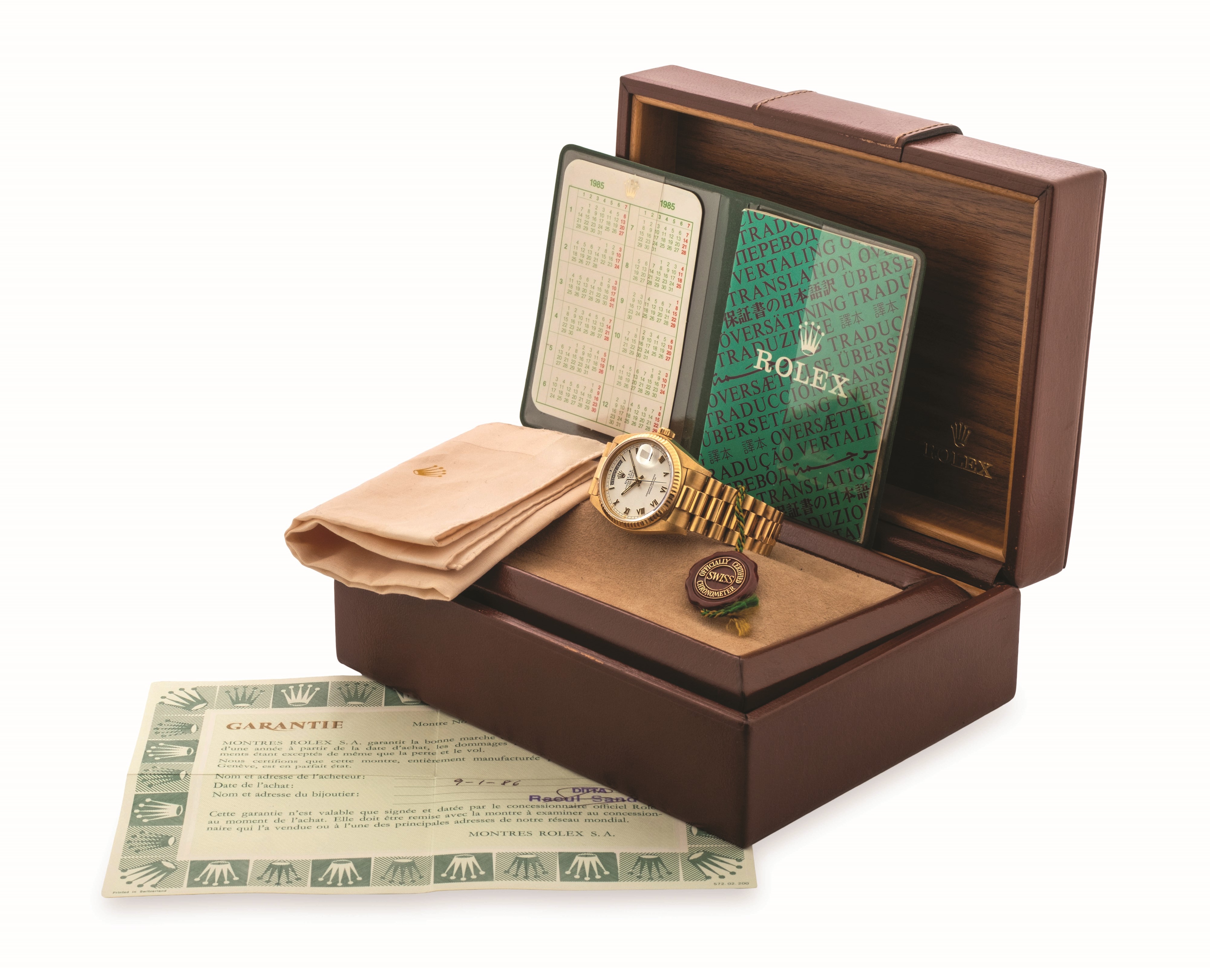 Rolex, Day-Date 18038, orologio automatico in oro giallo 18k con quadrante bianco e numeri romani...