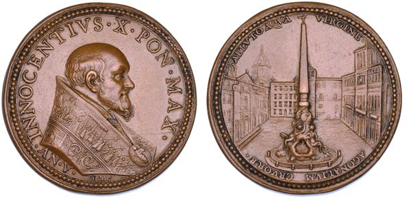STATO PONTIFICIO. INNOCENZO X (Giovanni Battista Pamphilj), 1644-1655. Medaglia in bronzo 1649/A. V. Inizio dei lavori per la costruzione della fontana dei Quattro Fiumi in Piazza Navona a Roma.