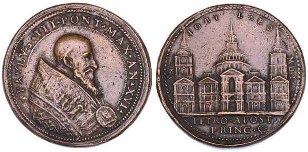 STATO PONTIFICIO. PAOLO III (Alessandro Farnese), 1534-1549 Medaglia in bronzo A. XVI. I lavori di costruzione della nuova Basilica di San Pietro.