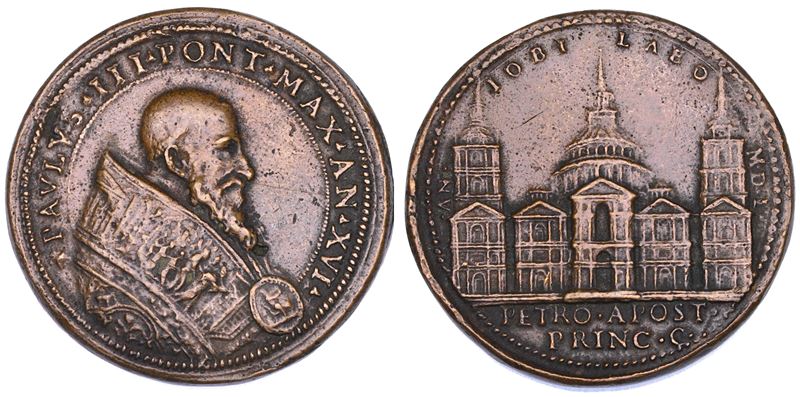 STATO PONTIFICIO. PAOLO III (Alessandro Farnese), 1534-1549 Medaglia in bronzo A. XVI. I lavori di costruzione della nuova Basilica di San Pietro.  - Asta Numismatica - Cambi Casa d'Aste
