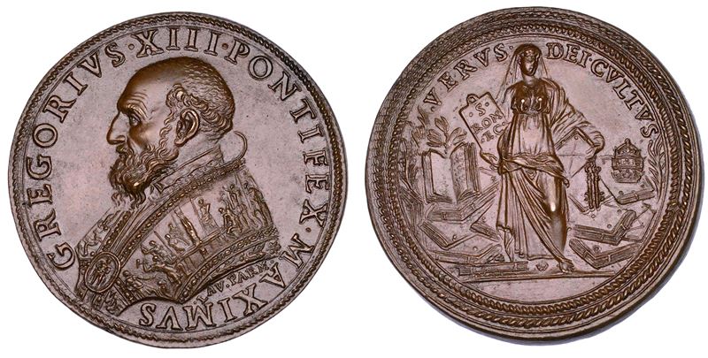 STATO PONTIFICIO. GREGORIO XIII (Ugo Boncompagni), 1572-1585. Medaglia in bronzo s.d. Propagazione della religione cattolica.  - Auction Numismatics - Cambi Casa d'Aste