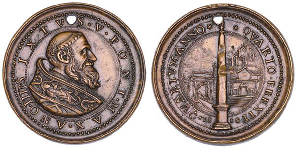 STATO PONTIFICIO. SISTO V (Felice Peretti), 1585-1590. Medaglia in bronzo 1588/A. IIII. Erezione dell'obelisco Flaminio.