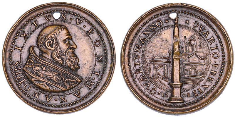 STATO PONTIFICIO. SISTO V (Felice Peretti), 1585-1590. Medaglia in bronzo 1588/A. IIII. Erezione dell'obelisco Flaminio.  - Auction Numismatics - Cambi Casa d'Aste