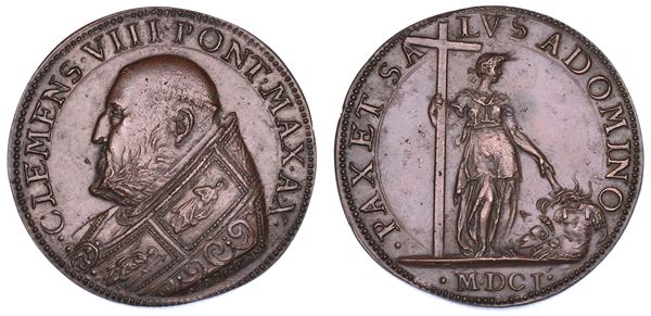 STATO PONTIFICIO. CLEMENTE VIII (Ippolito Aldobrandini), 1592-1605. Medaglia in bronzo 1601/A. X. Trattato di Lione sulla controversia per il Marchesato di Saluzzo.