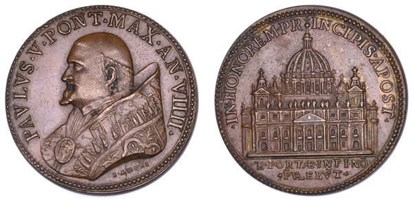 STATO PONTIFICIO. PAOLO V (Camillo Borghese), 1605-1621. Medaglia in bronzo (1613)/A. IX. Completamento della Facciata della Basilica Vaticana.