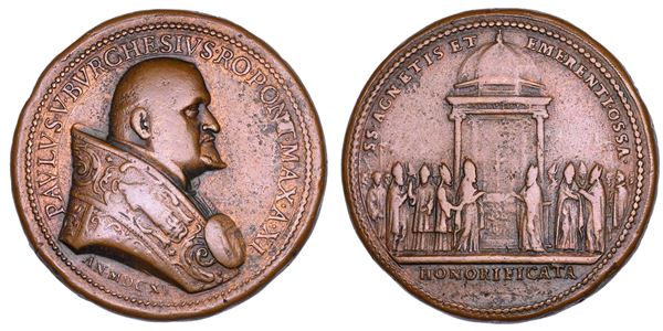 STATO PONTIFICIO. PAOLO V (Camillo Borghese), 1605-1621. Medaglia annuale in bronzo 1615/A. XI. Tumulazione delle ossa di S. Agnese e S. Emerenziana.