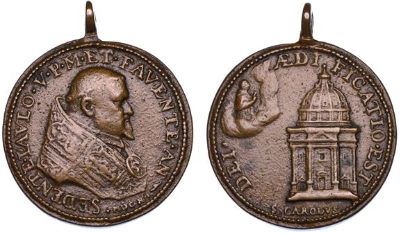 STATO PONTIFICIO. PAOLO V (Camillo Borghese), 1605-1621. Medaglia in bronzo 1612. Posa della prima pietra della chiesa romana di San Carlo al Corso.