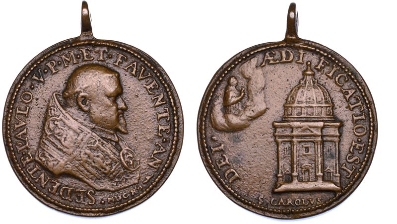 STATO PONTIFICIO. PAOLO V (Camillo Borghese), 1605-1621. Medaglia in bronzo 1612. Posa della prima pietra della chiesa romana di San Carlo al Corso.  - Auction Numismatics - Cambi Casa d'Aste