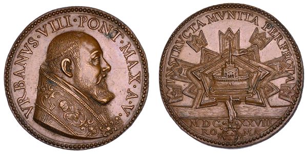 STATO PONTIFICIO. URBANO VIII (Maffeo Barberini), 1623-1644. Medaglia annuale in bronzo 1628/A. V. Le nuove Fortificazioni di Castel Sant'Angelo.