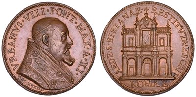 URBANO VIII (Maffeo Barberini), Medaglia annuale in bronzo, 1633, Restauro della Chiesa di S. Bib...