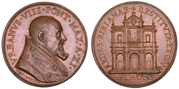 STATO PONTIFICIO. URBANO VIII (Maffeo Barberini), 1623-1644. Medaglia annuale in bronzo 1633/A. XI. Restauro della Chiesa di S. Bibiana.