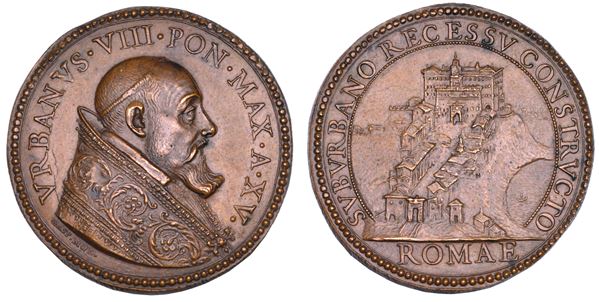 STATO PONTIFICIO. URBANO VIII (Maffeo Barberini), 1623-1644. Medaglia annuale in bronzo (1638)/A. XV. Costruzione della villa pontificia di Castel Gandolfo.