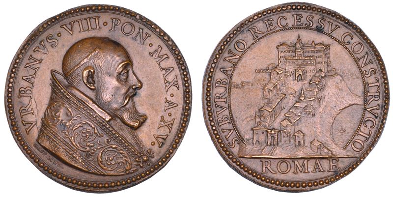 STATO PONTIFICIO. URBANO VIII (Maffeo Barberini), 1623-1644. Medaglia annuale in bronzo (1638)/A. XV. Costruzione della villa pontificia di Castel Gandolfo.  - Auction Numismatics - Cambi Casa d'Aste