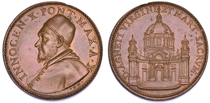STATO PONTIFICIO. INNOCENZO X (Giovanni Battista Pamphilj), 1644-1655. Medaglia annuale in bronzo A. X (1654). Riedificazione della chiesa di Sant'Agnese in Agone a Roma.  - Auction Numismatics - Cambi Casa d'Aste