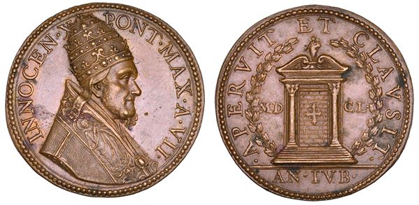 STATO PONTIFICIO. INNOCENZO X (Giovanni Battista Pamphilj), 1644-1655. Medaglia annuale in bronzo (1651)/A. VII. Apertura e chiusura della Porta Santa.