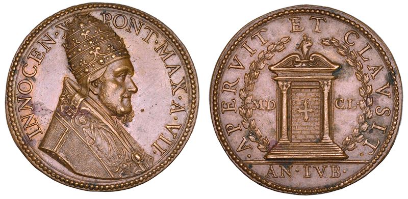 STATO PONTIFICIO. INNOCENZO X (Giovanni Battista Pamphilj), 1644-1655. Medaglia annuale in bronzo (1651)/A. VII. Apertura e chiusura della Porta Santa.  - Auction Numismatics - Cambi Casa d'Aste