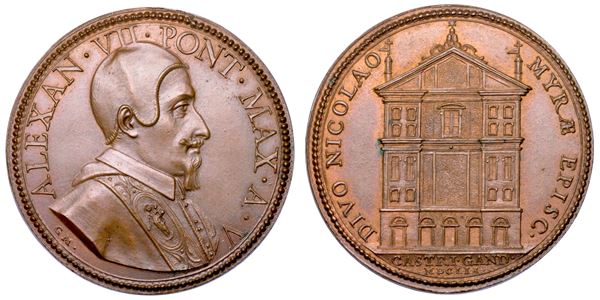STATO PONTIFICIO. ALESSANDRO VII (Fabio Chigi), 1655-1667. Medaglia annuale in bronzo 1659/A. V. Nuova Chiesa di San Nicola di Mira a Castel Gandolfo.