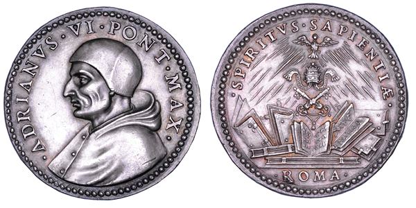 STATO PONTIFICIO. ADRIANO VI (Adriano Florensz), 1522-1523. Medaglia di restituzione in argento. Grande cultura del Pontefice.
