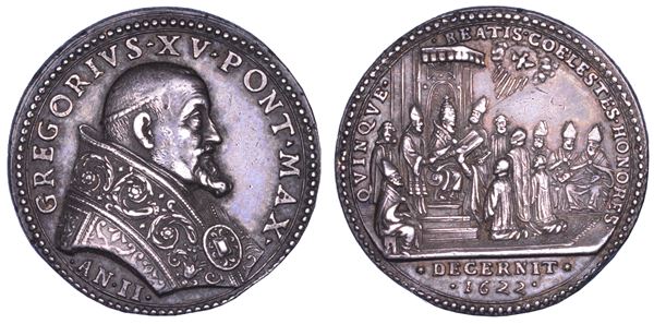 STATO PONTIFICIO. GREGORIO XV (Alessandro Ludovisi), 1621-1623. Medaglia annuale in argento 1622/A. II. Canonizzazione di cinque nuovi santi
