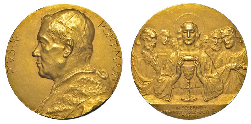 ROMA. PIO X (Giuseppe Melchiorre Sarto), 1903-1914. Medaglia in oro 1908. 50° anniversario di sacerdozio.  - Auction Numismatics - Cambi Casa d'Aste