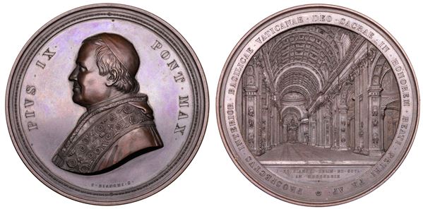 STATO PONTIFICIO. PIO IX (Giovanni Maria Mastai Ferretti), 1846-1878. Medaglia in bronzo di massimo modulo 1869. Interno della Basilica di S. Pietro.
