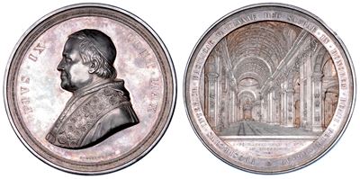 PIO IX (Giovanni Maria Mastai Ferretti), Medaglia in argento con vista interna della Basilica di ...