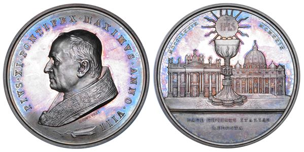 VATICANO. PIO XI  (Achille Ratti), 1922-1939. Medaglia di massimo modulo in argento 1929. Concordato tra l'Italia e la Santa Sede.