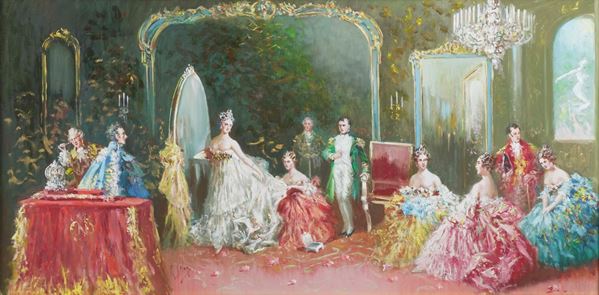 Raffaele Zeloni (XIX-XX secolo) Scena d’interno con figure in abiti storici (Napoleone)