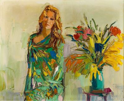 Ritratto di donna con vaso di fiori, olio su tela