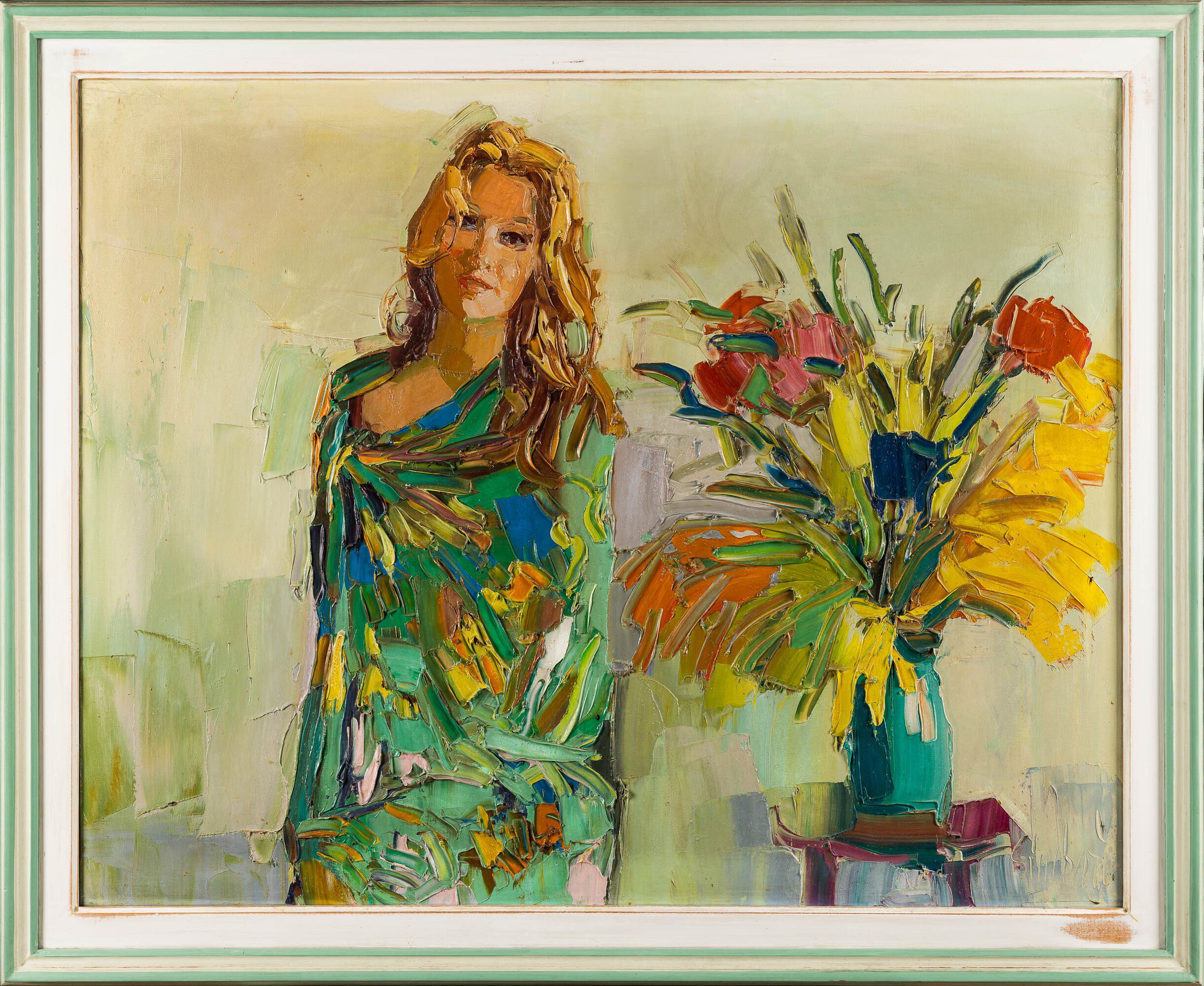 Nicola Simbari - Ritratto di donna con vaso di fiori, olio su tela